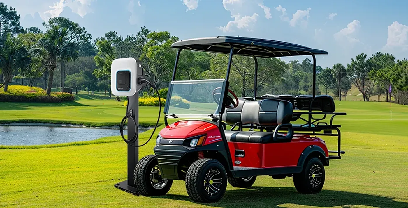 Carrinho elétrico conectado a um carregador em um campo de golfe