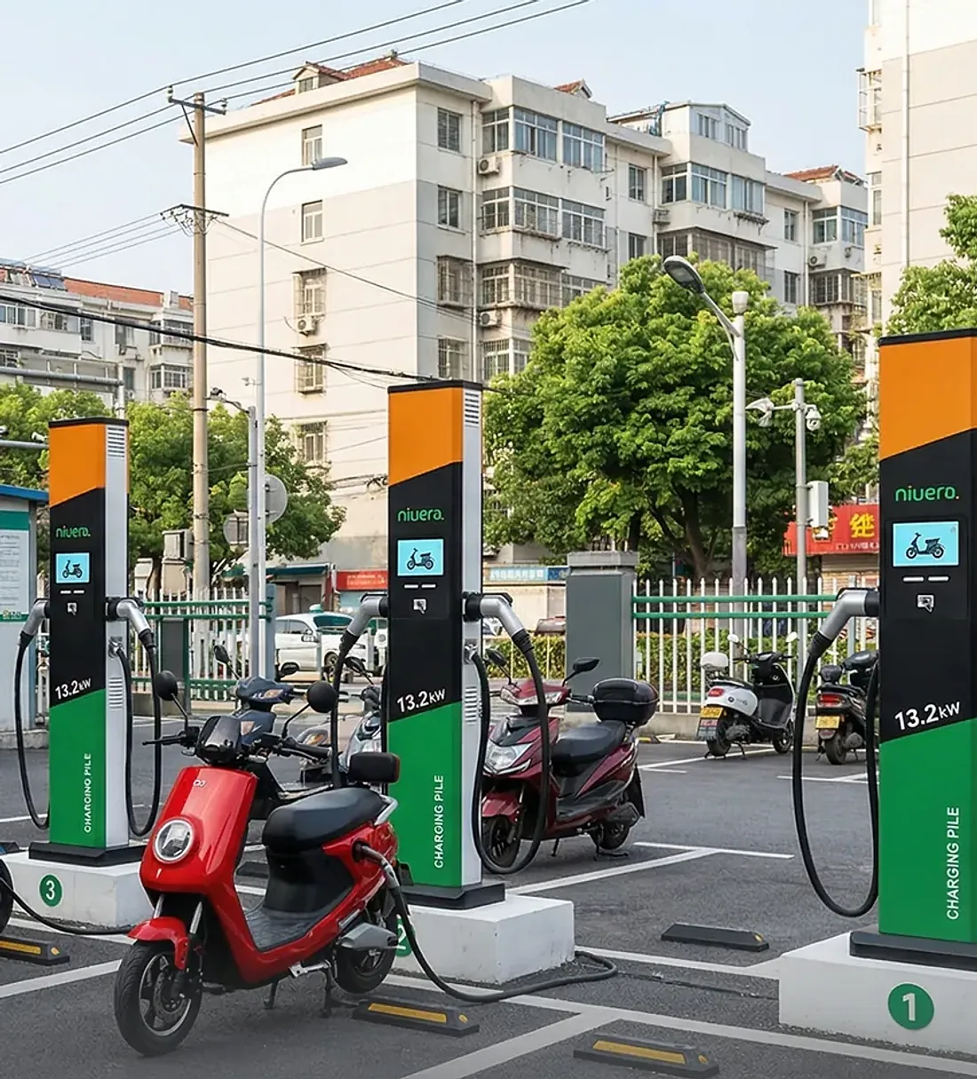 Estações de recarga de 13,2 kW para motos elétricas, com motos estacionadas ao lado