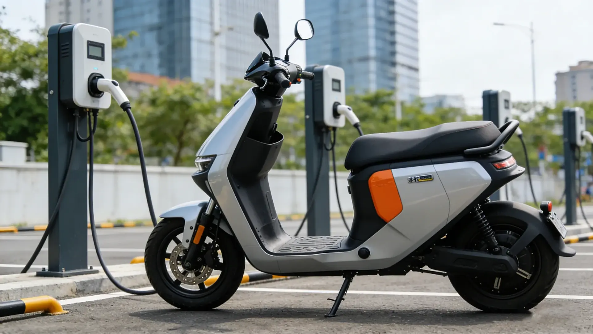 Scooter elétrica conectada a uma estação de recarga de parede