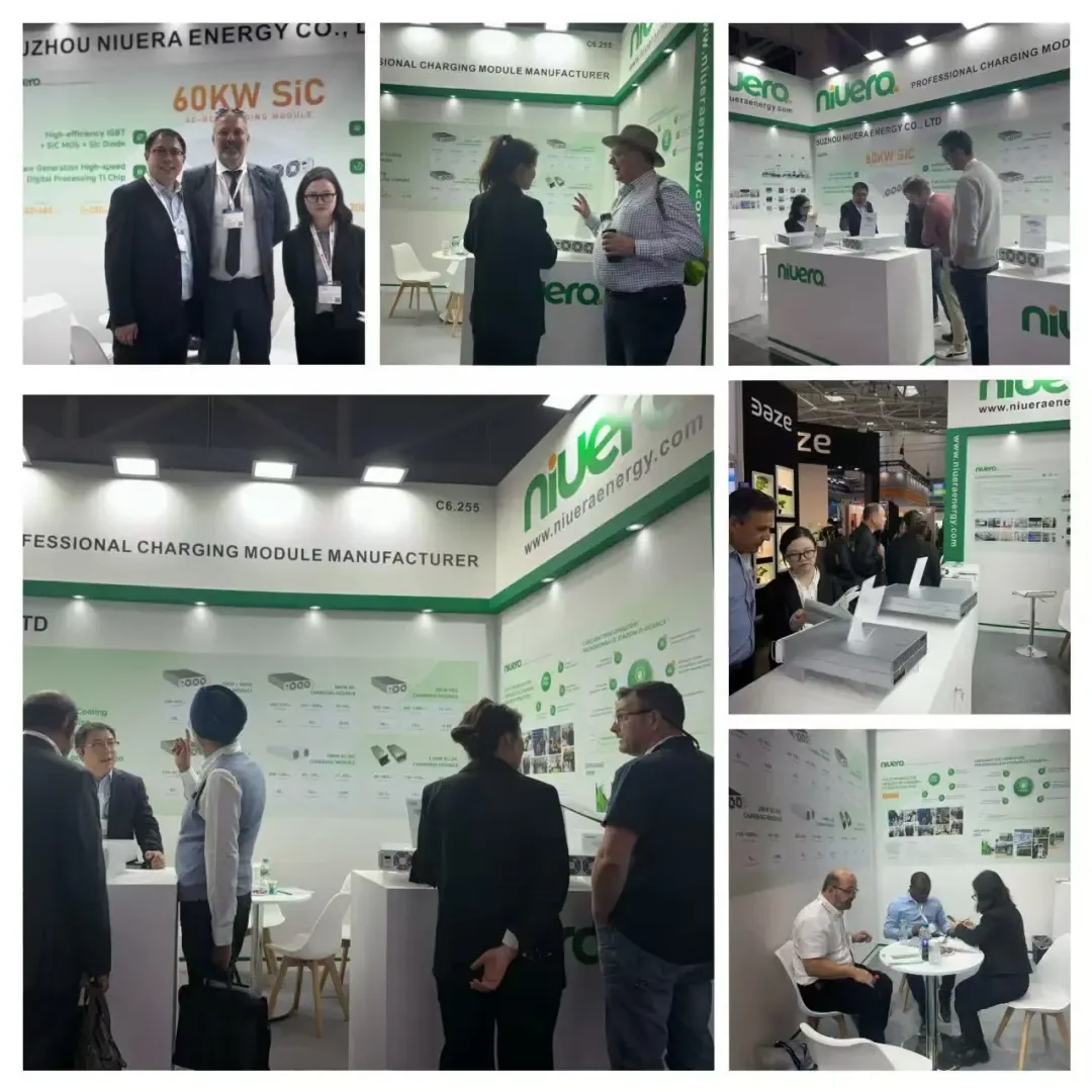 Colagem de fotos do estande C6.255 na Power2Drive Europe 2025, com equipe e visitantes