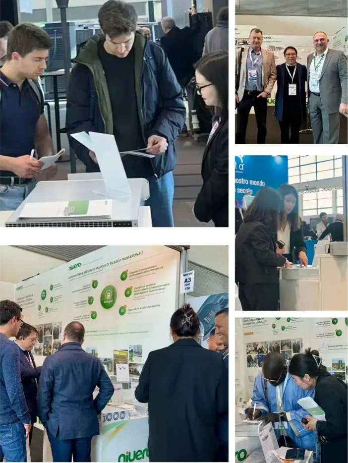 Colagem de fotos do estande na KEY Energy 2025, com equipe e visitantes