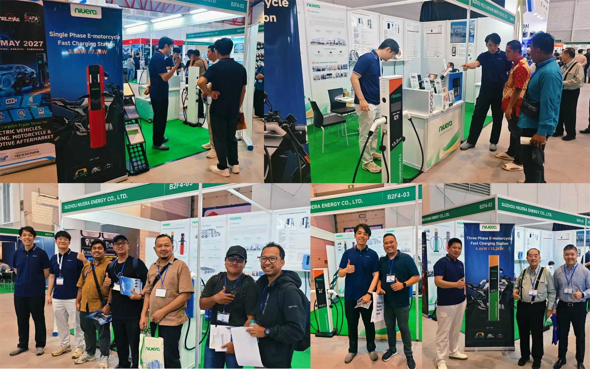 Colagem de fotos do estande B2F4-03 na EV Indonesia 2026, com equipe e visitantes