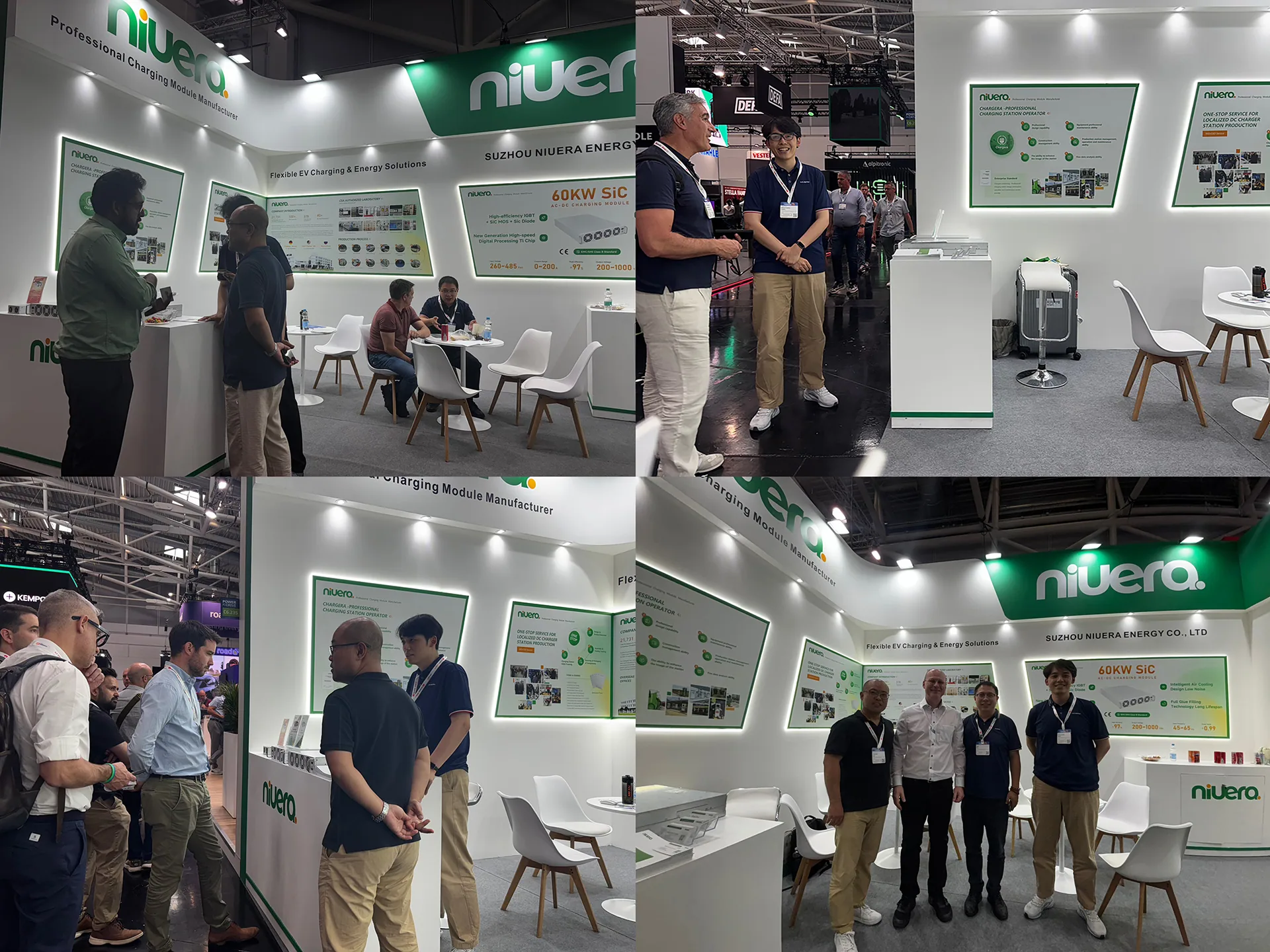 Colagem de fotos da equipe recebendo clientes e parceiros no estande