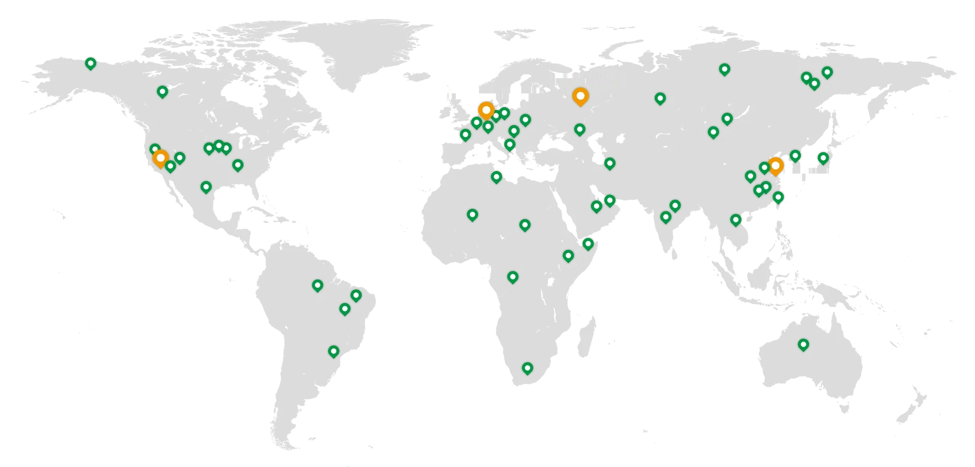 Mapa-múndi com os pontos de clientes atendidos e os polos da NIUERA em Los Angeles, Düsseldorf, Moscou e Suzhou