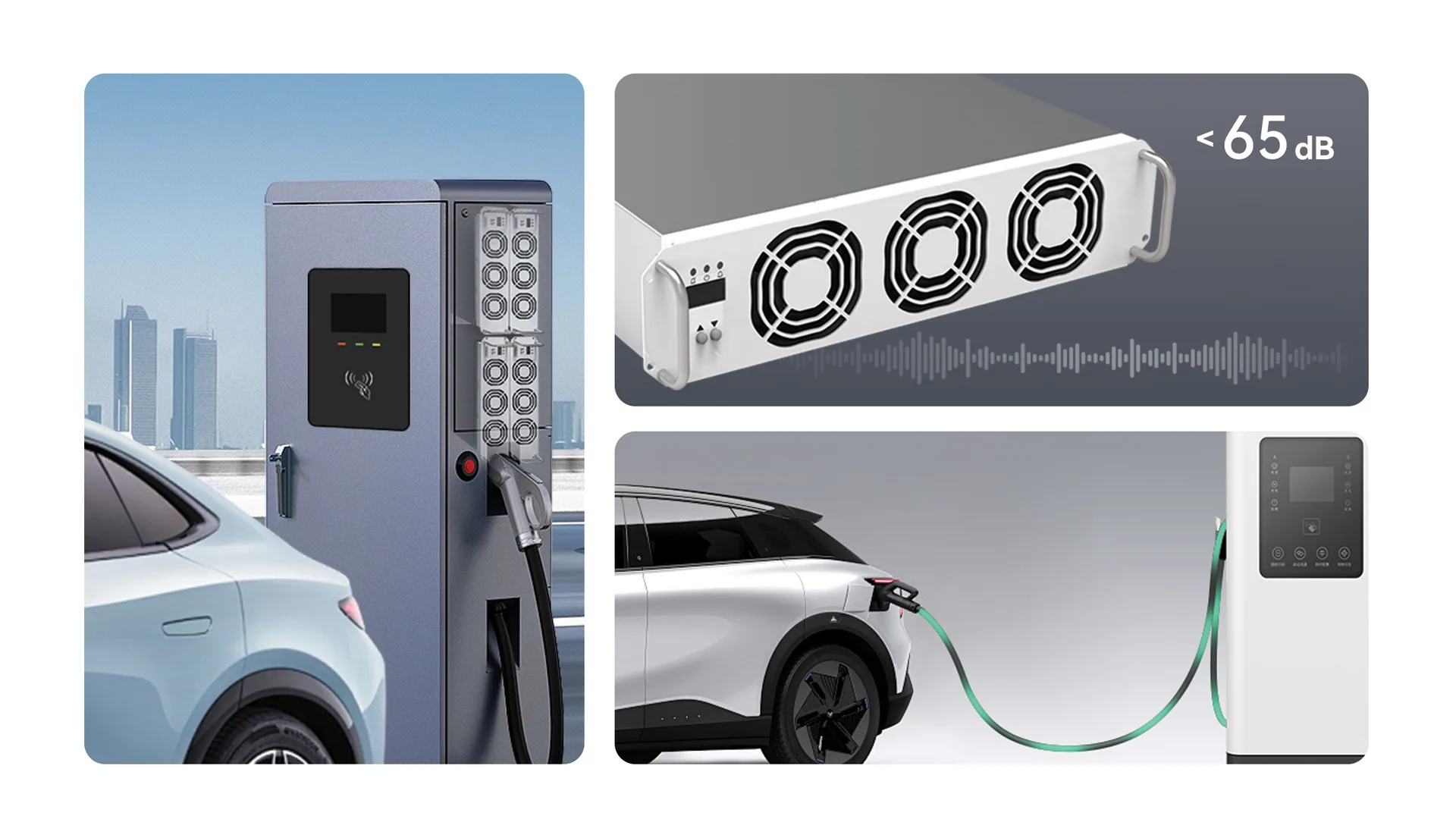 Módulo de 40 kW instalado em um carregador DC, com ruído inferior a 65 dB, e veículos elétricos em recarga