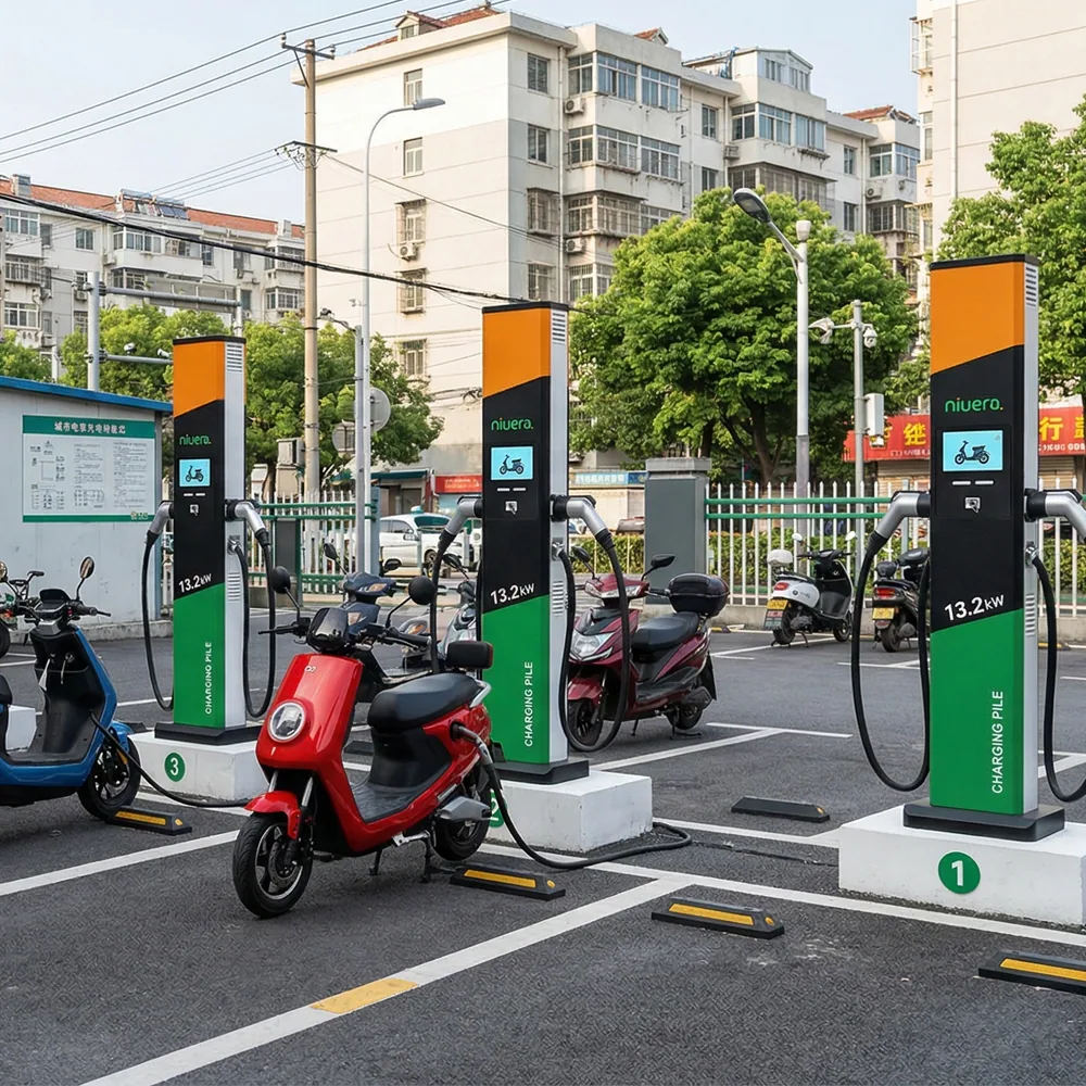 Estações de recarga de 13,2 kW junto às vagas de motos elétricas, com tela de operação