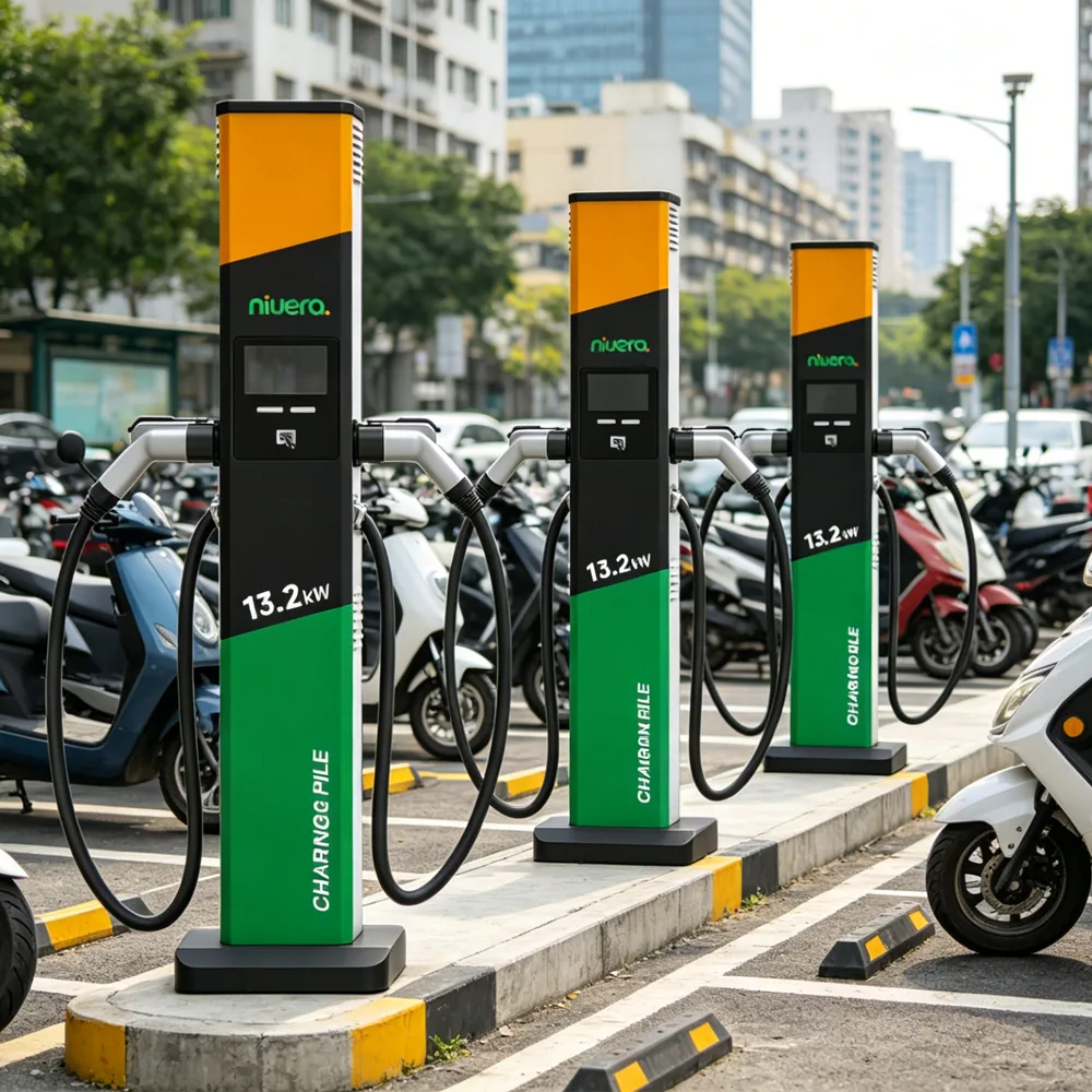 Estações de recarga de 13,2 kW instaladas em um estacionamento, com motos elétricas e scooters ao fundo