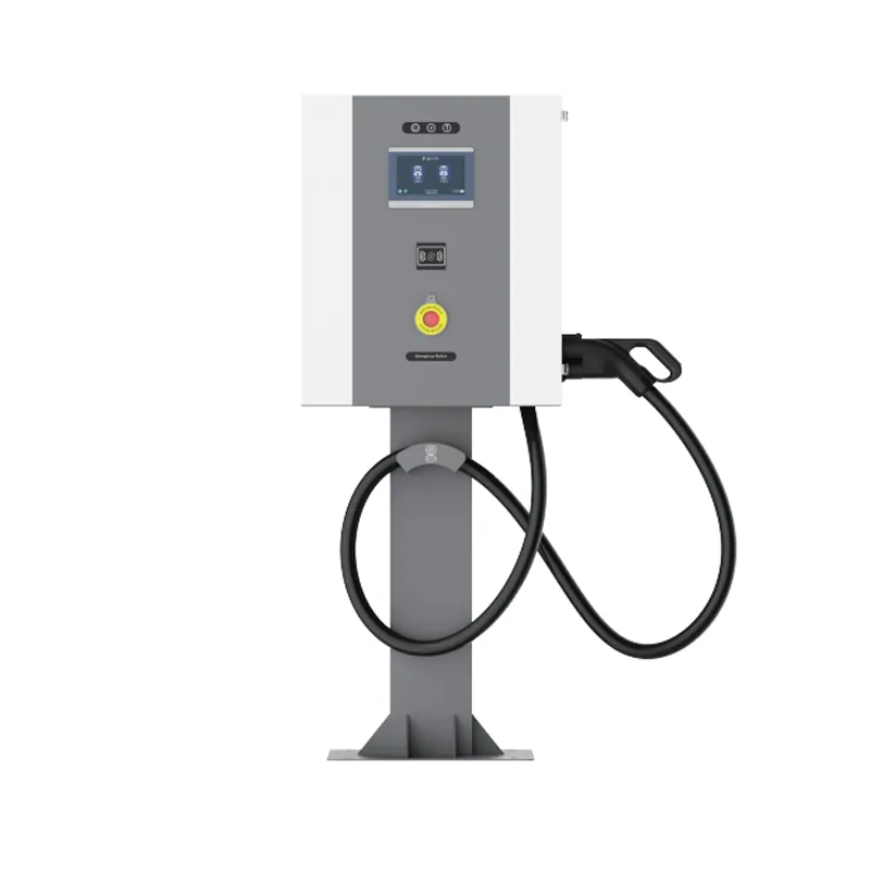 Carregador DC compacto em coluna, com tela, leitor RFID, botão de emergência e cabo de recarga