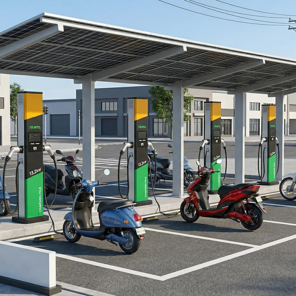 Estações de recarga de 13,2 kW sob uma cobertura com painéis solares, recarregando motos elétricas