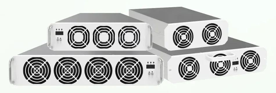 Módulos de potência empilhados, com ventiladores frontais: AC/DC, V2G, DC/DC e para LEV