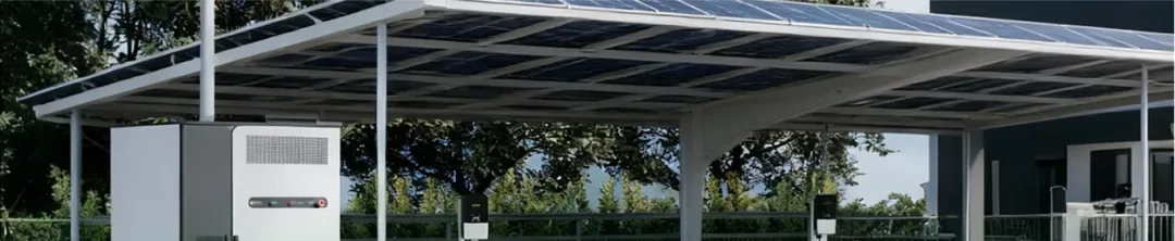 Solução comercial Solar + Armazenamento + Recarga: carport solar, armário de armazenamento de energia e carregadores de VE
