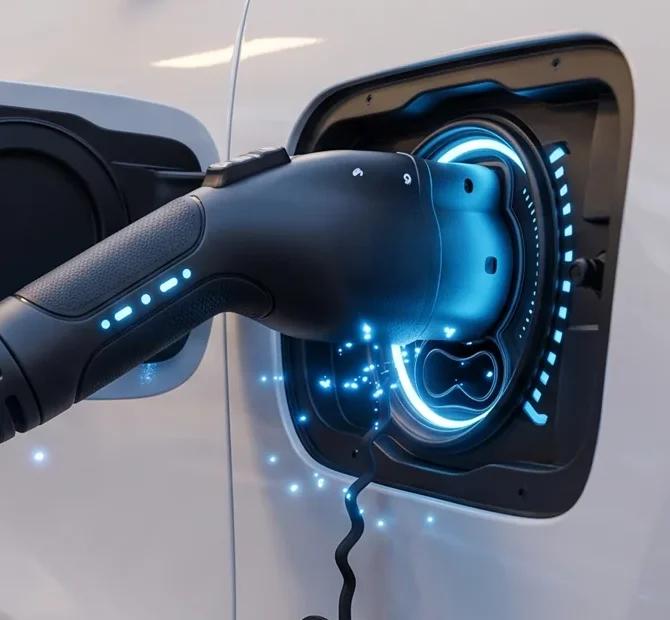 Conector de recarga com luzes azuis encaixado na entrada de recarga de um veículo elétrico branco
