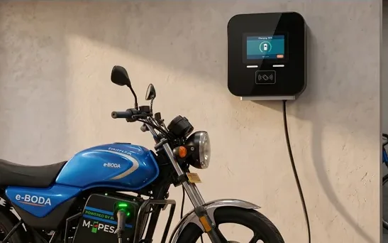 Moto elétrica azul ao lado de uma estação de recarga de parede