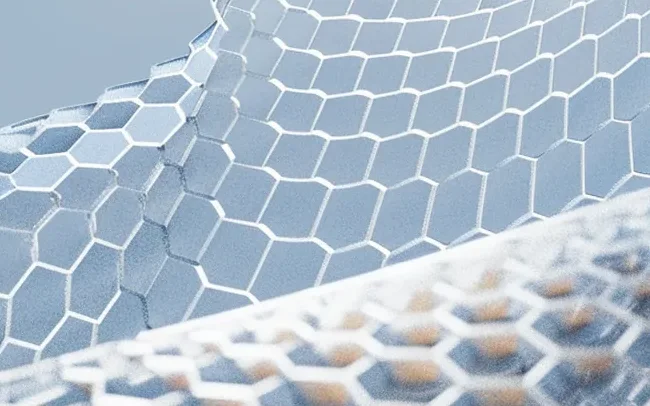 Estrutura em favo de mel em tons de azul, que remete à tecnologia de semicondutores de potência