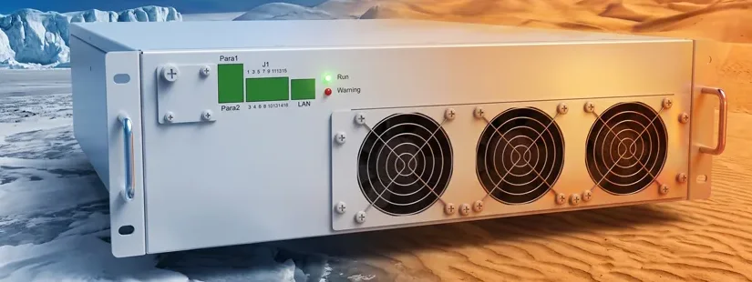 Conversor DC/DC de 63 kW entre uma paisagem de gelo, à esquerda, e dunas de deserto, à direita
