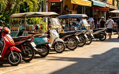 Motos, scooters e triciclos estacionados em fila em uma rua comercial no exterior
