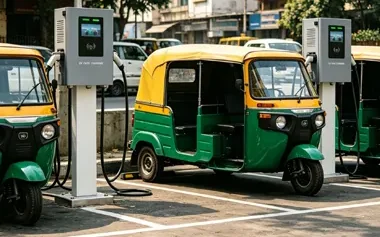 Estações de recarga em coluna ao lado de triciclos elétricos, em um estacionamento público