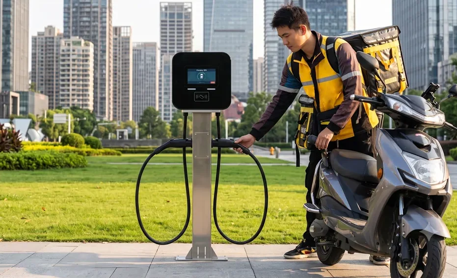 Entregador conectando a scooter elétrica a um carregador de pedestal de duas pistolas em uma região comercial