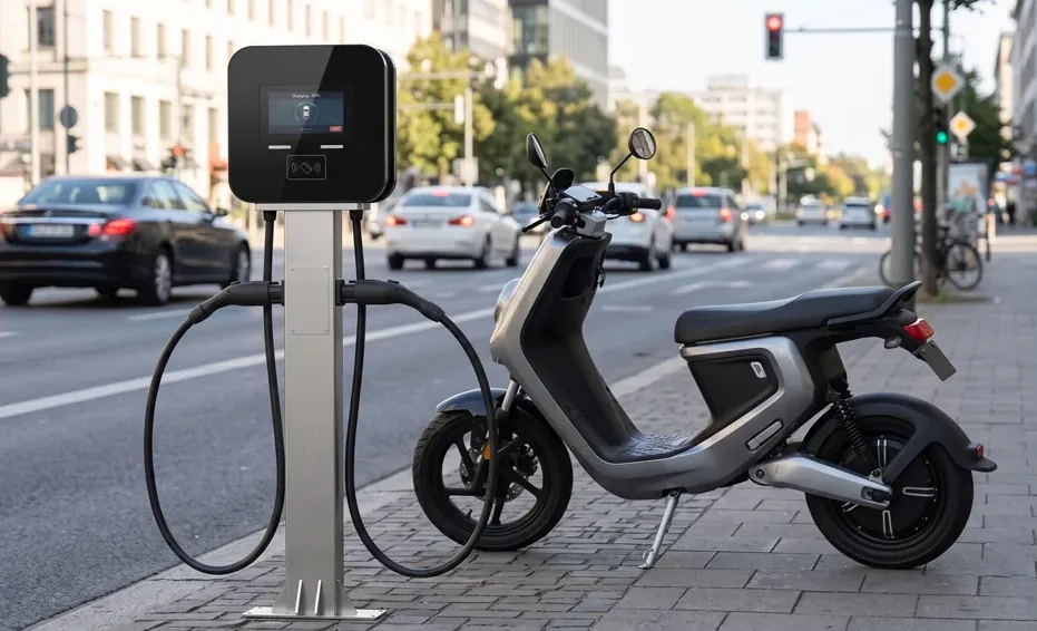 Carregador de pedestal em uma calçada urbana, com uma scooter elétrica ao lado