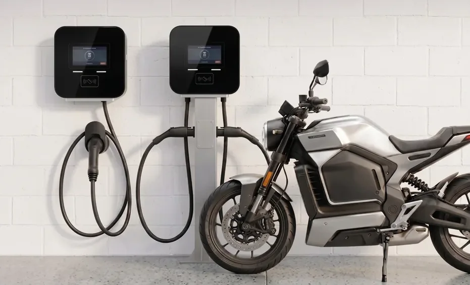 Dois carregadores de parede, um deles em pedestal, ao lado de uma moto elétrica em uma garagem residencial