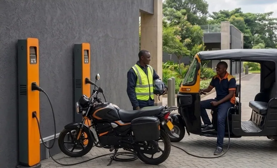 Estações de recarga de pedestal em uma parede, com uma moto elétrica e um triciclo de passageiros em recarga