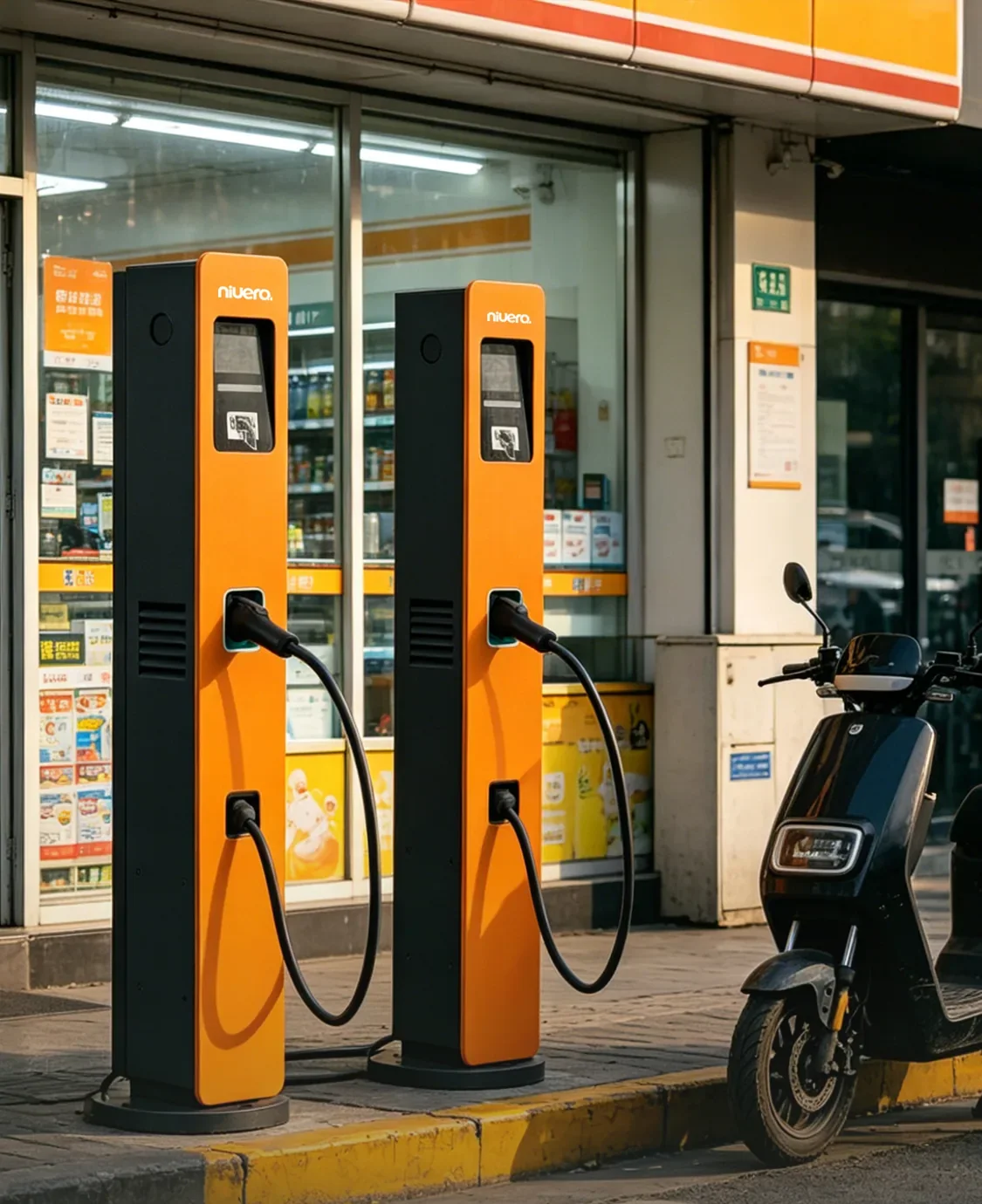 Duas estações de recarga rápida de pedestal de 3,6 kW em frente a uma loja de conveniência, com uma scooter elétrica ao lado