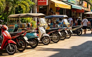 Motos, scooters e triciclos estacionados em fila em uma rua comercial no exterior