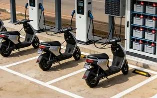 Estações de recarga ao lado de um gabinete de troca de baterias, com scooters estacionadas