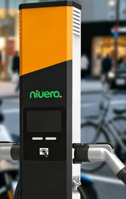 Estação de recarga em pilar, com tela, leitor RFID e pistolas de recarga, em uma rua de comércio