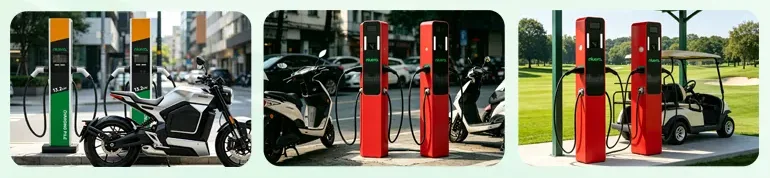 Estações de recarga atendendo uma moto elétrica em via urbana, scooters elétricas e um carrinho de golfe