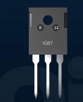 Transistor IGBT em encapsulamento de três terminais, visto de frente