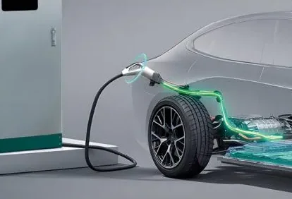 Veículo elétrico conectado a um carregador por cabo, com o circuito de recarga do veículo destacado em verde