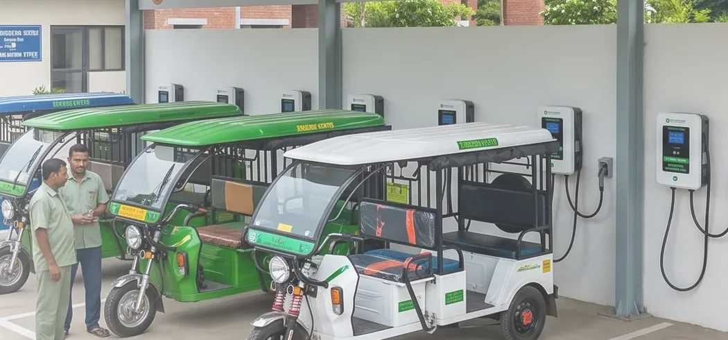 Fileira de riquixás elétricos recarregando em uma estação, com carregadores fixados à parede e dois funcionários conversando
