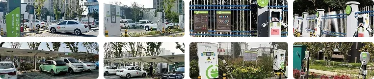 Oito fotos de estações de recarga em operação: estacionamentos urbanos, áreas cobertas, estações ao longo de cercas e uma estação comunitária