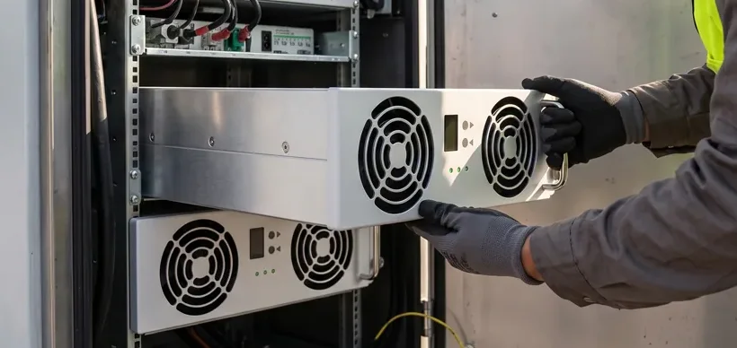 Técnico instalando um módulo de potência em um rack