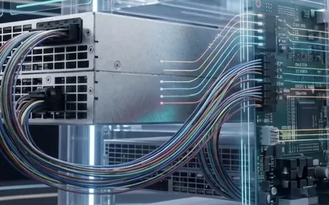 Cabos de comunicação ligando módulos de potência a uma placa de controle