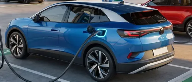 Veículo elétrico azul em recarga em uma estação de recarga rápida DC
