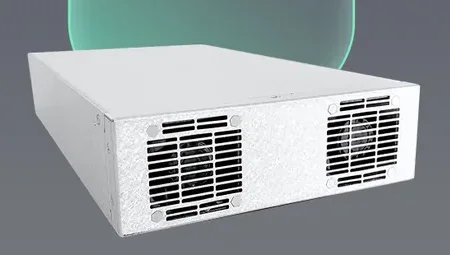 Módulo de recarga de 10 kW diante de um escudo verde translúcido, que simboliza a proteção