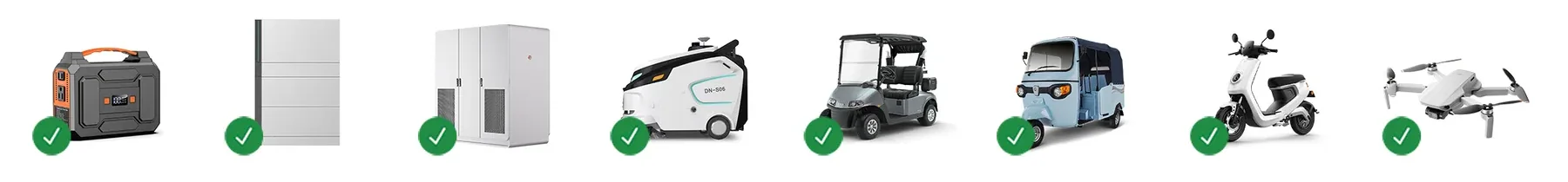 Pictogramas das aplicações: estação de energia portátil, bateria residencial, gabinete de armazenamento, robô, carrinho de golfe, triciclo elétrico, moto elétrica e drone
