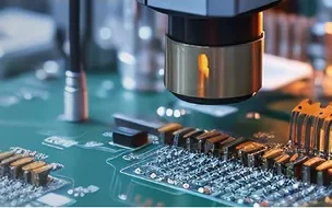 Placa de circuito com componentes eletrônicos sob uma lente de inspeção