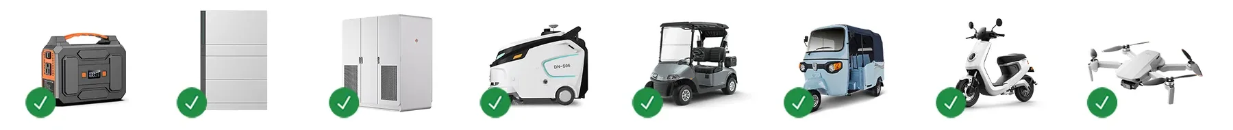 Pictogramas das aplicações: estação de energia portátil, bateria residencial, gabinete de armazenamento, robô, carrinho de golfe, triciclo elétrico, moto elétrica e drone