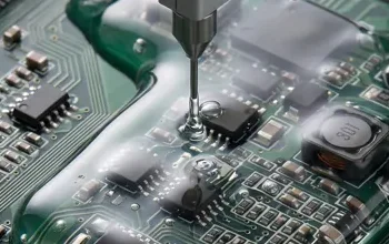 Aplicação de gel de proteção sobre uma placa de circuito eletrônico
