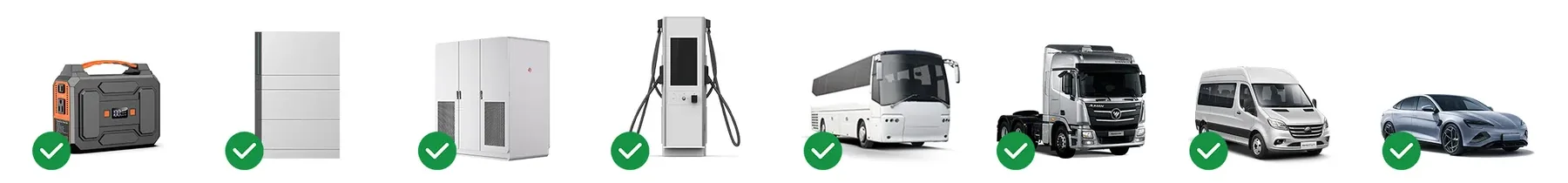 Pictogramas das aplicações: estação de energia portátil, bateria residencial, gabinete de armazenamento, carregador rápido, ônibus, caminhão, van e carro elétrico