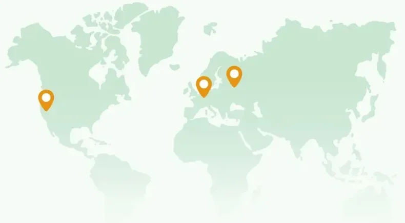 Mapa-múndi com três marcadores: costa oeste dos Estados Unidos, Alemanha e Rússia