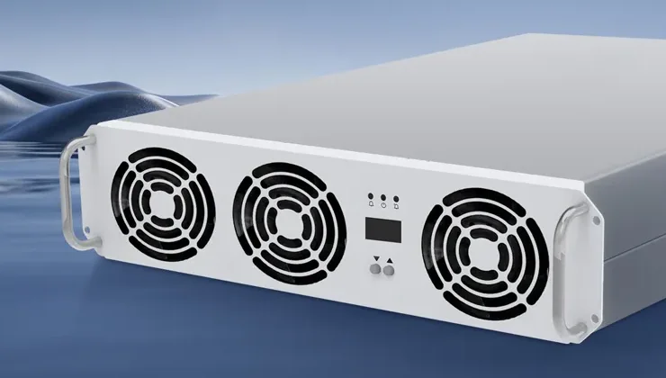 Módulo de recarga V2G de 22 kW, com três ventiladores frontais e painel digital